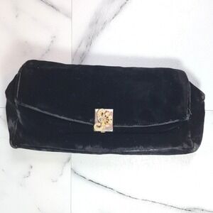 Vintage Garay Black Velvet Rhinestone‎ Clasp Evening Clutch Hand Strap Formal